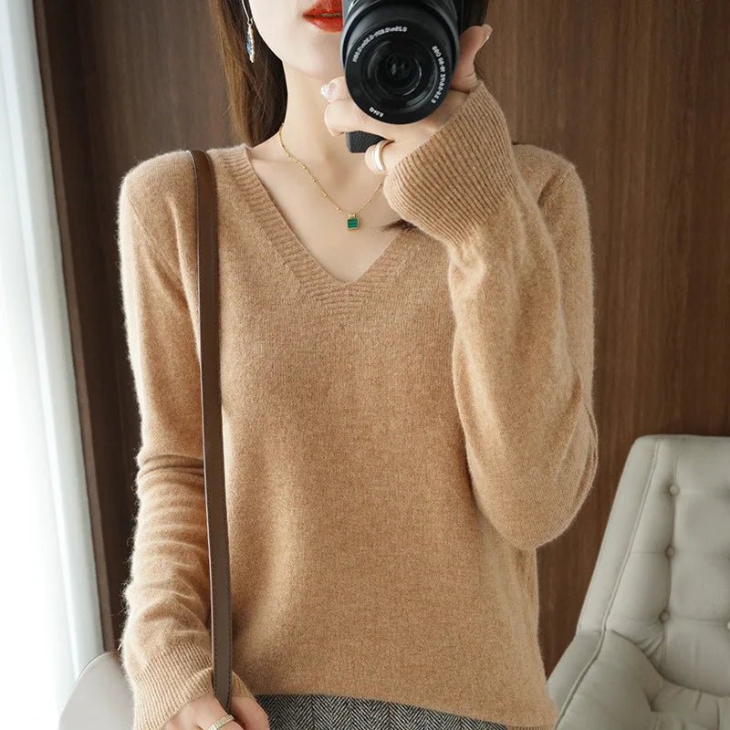 Women's Sweater  Knitted Pullovers V-neck Slim Fit Bottoming Shirt