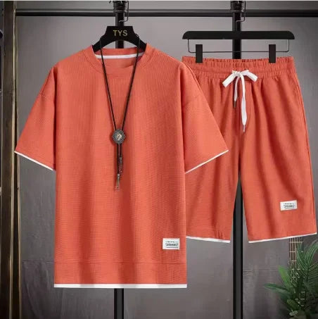 Men's Summer Waffle Set Brand Fashion Casual T-shirt