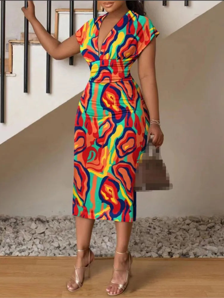 New V-neck Slim Hip-hugging Sexy Printed Women's Dress