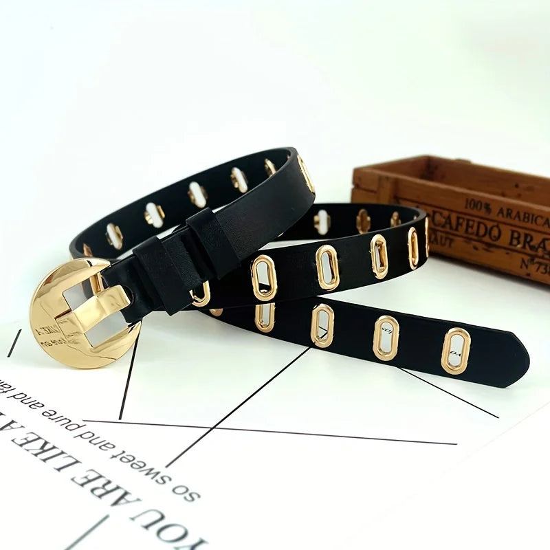 Women's Fashion Belt with Gold Crescent Buckle