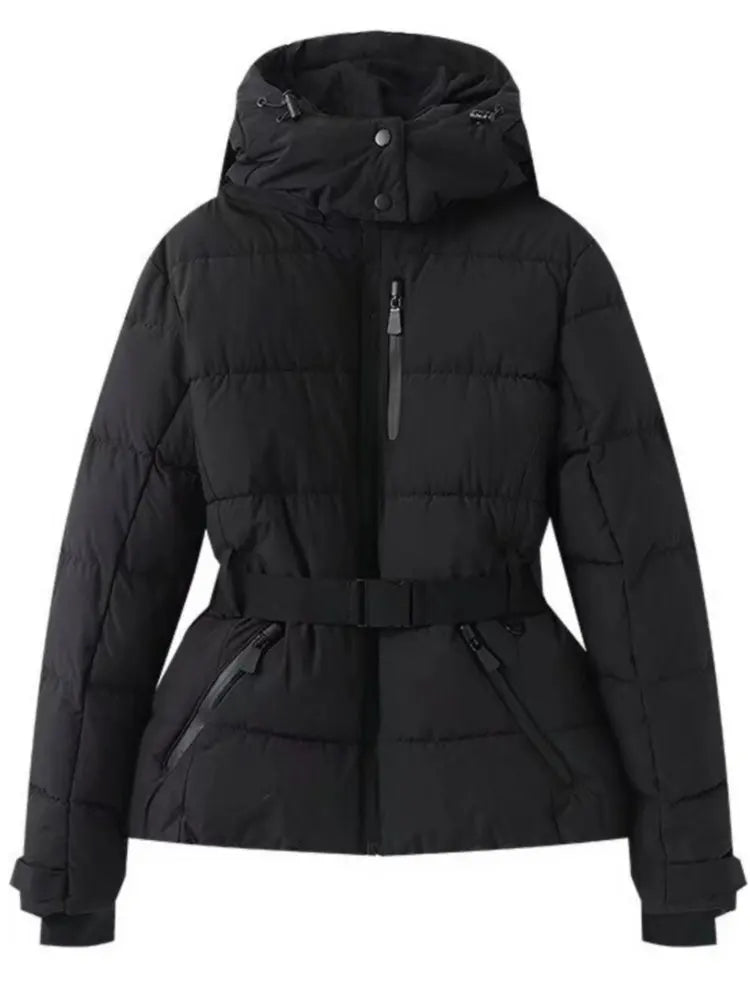 Women's Winter Hooded High Waist Padded Sport Parkas Coats with Belt