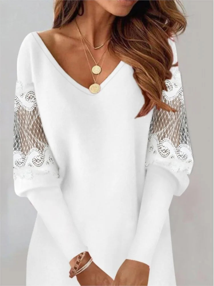 Sexy V Neck Mesh Lace Sleeve Loose Dress