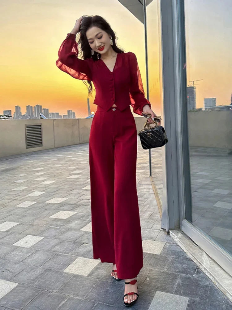 Women 2 Pieces Red Sexy Holiday Outfits Trousers Woman Spring Autumn Shirt Blouse and Clothing Sales Luxury Full D