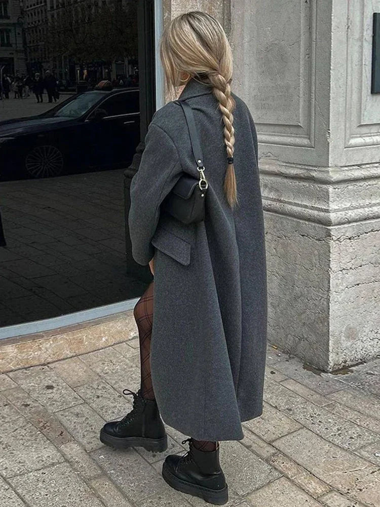 Fashion Women Winter Coats Casual Loose Lapel Double Breasted Long Jacket