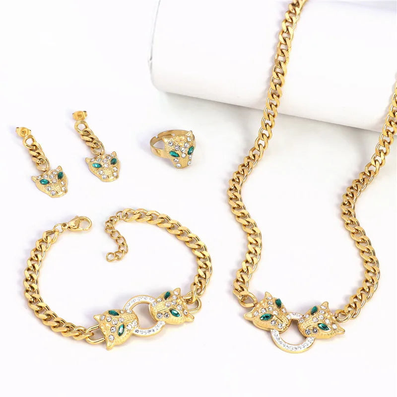 Stainless Steel Micro Inlaid Zircon Leopard Head Bracelet Necklace Earring Ring