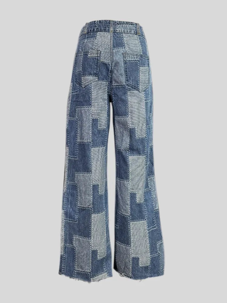 Wide Leg Jeans Two-Tone Blue Patchwork Plaid High Waist Floor-Length Jeans