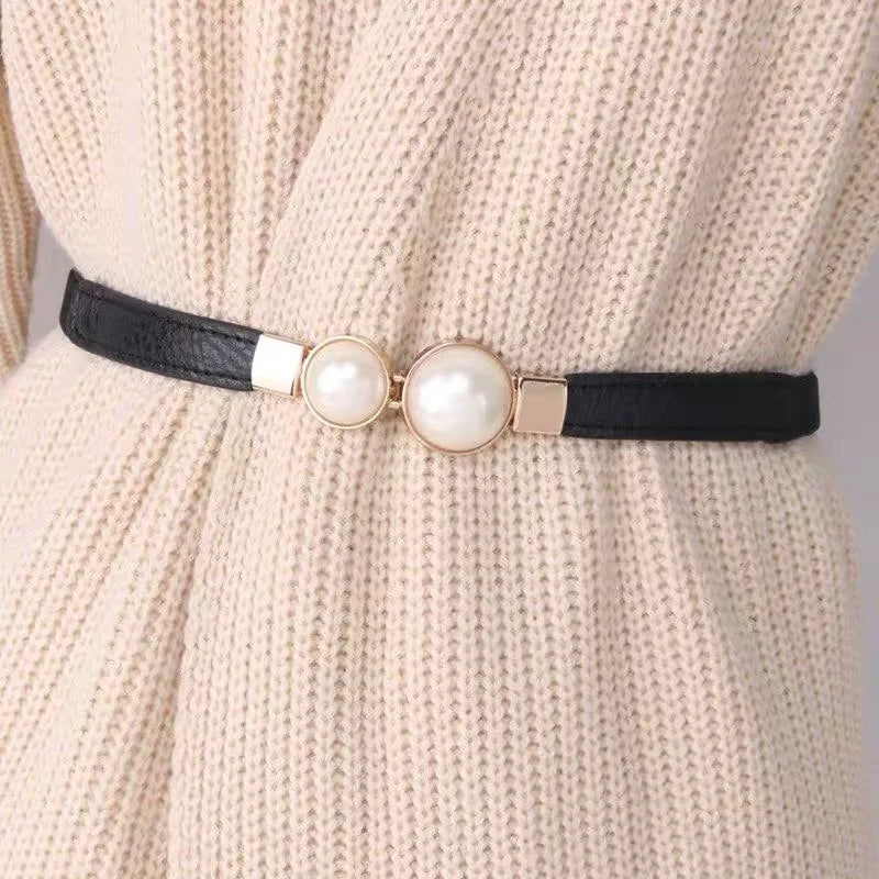 Double Pearls Buckle Elastic Women Belts