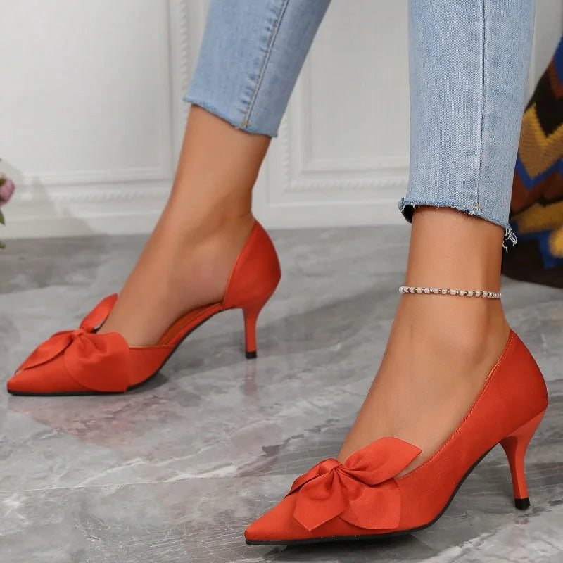 High Heels Shoes Pointy Shallow Mouth Bow High Heels Shoes for Women