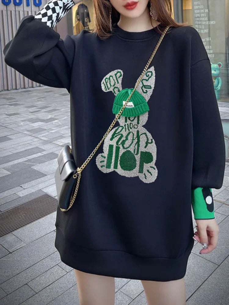 Sweatshirt for Women BlackGraphic Long   Embroidered Pullover