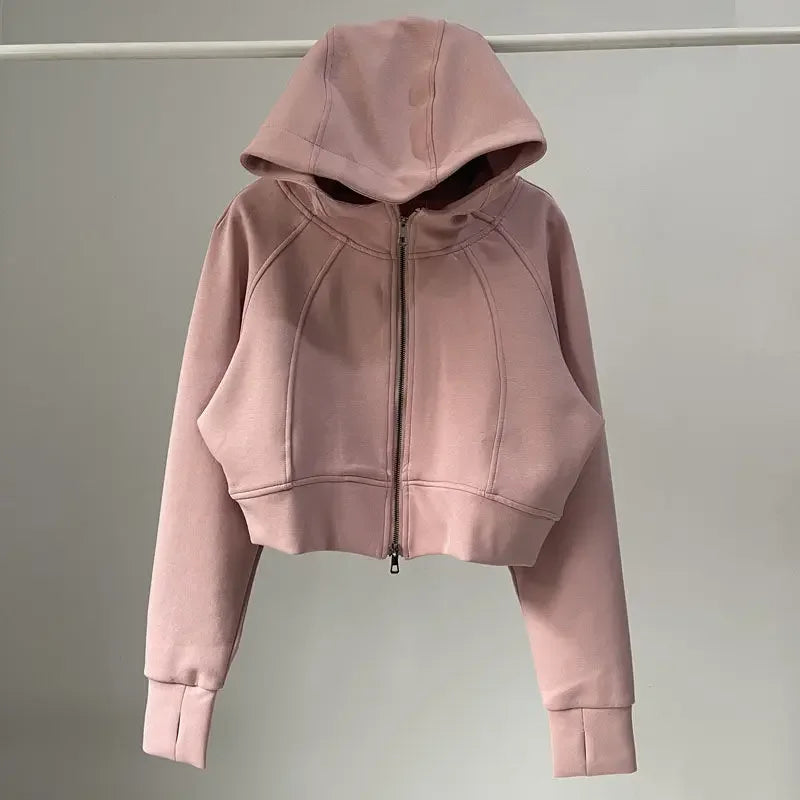 Solid Cropped Fashion Hoodies For Women  Dual Zippers Loose y2k Jackets