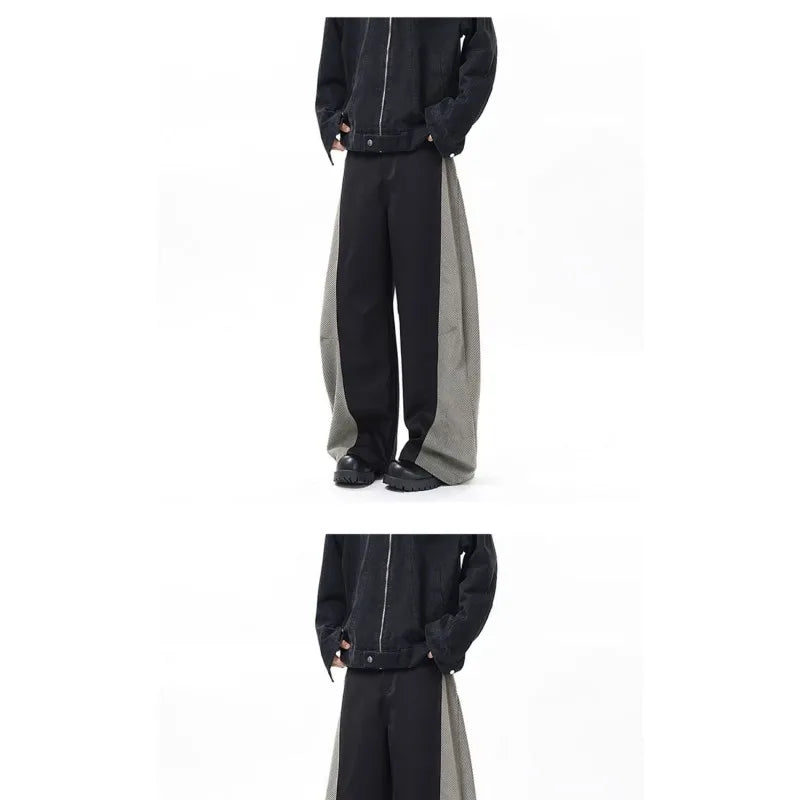 Men's Panel Wide-Leg Pants Contrast Herringbone Side Stripe Baggy Fit