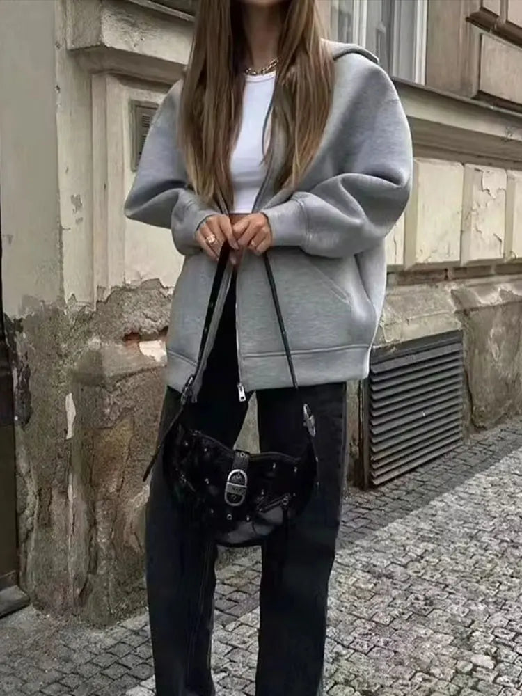 Gray Jacket With Hood Long Sleeve Big Pocket Zipper Jacket
