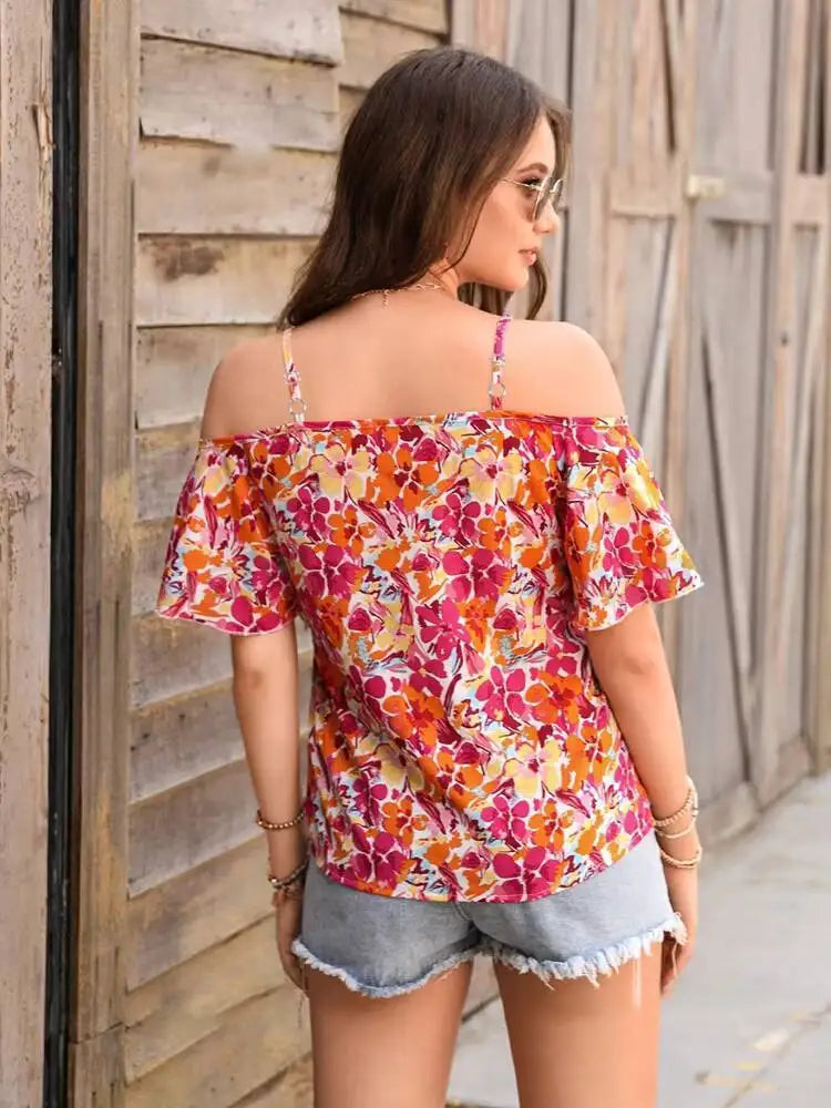 Blouse Spring Summer Colorful Floral Print Off Shoulder