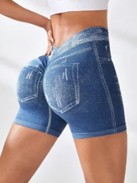 Women V back Shorts Faux Jeans Elastic Workout Pants Butt Lifting