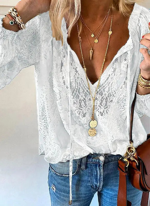 Women's Blouses Boho Lace Hollow Out Deep V Neck Pullover Shirt