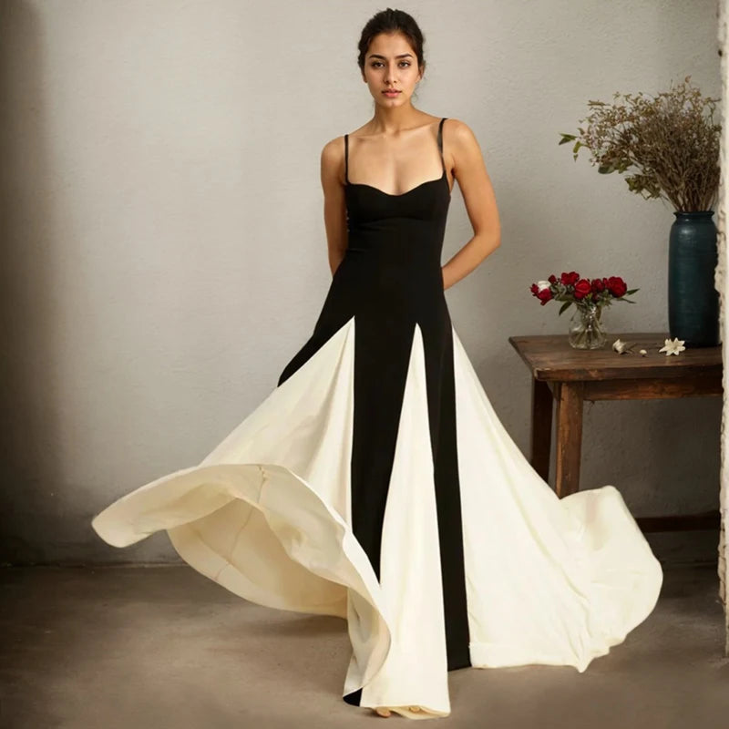 Slim Black And White Contrast Color Strap Dress Sexy V-Neck High Waist Dress