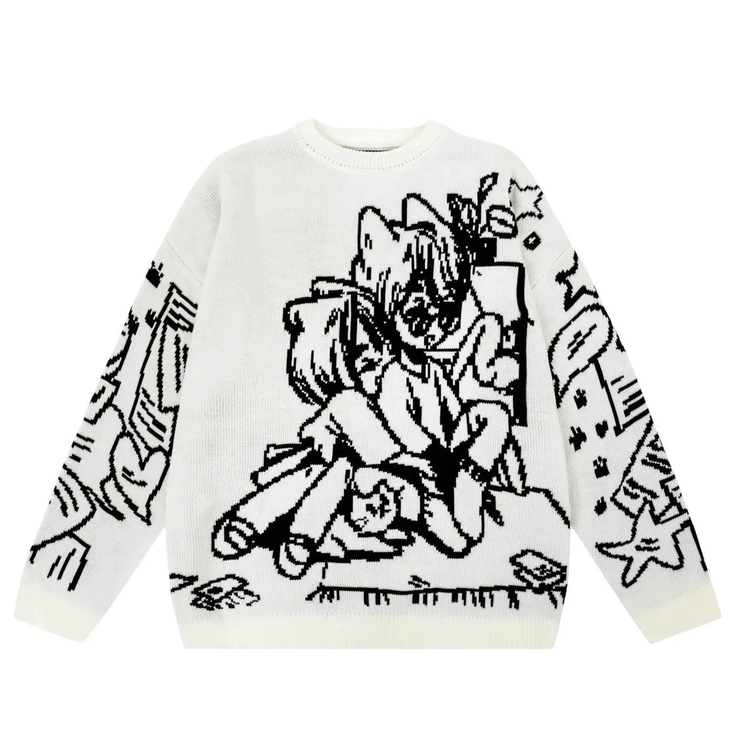 Vintage Cartoon Knitted Sweaters Men Casual Oversized Fashion  Streetwear Tops