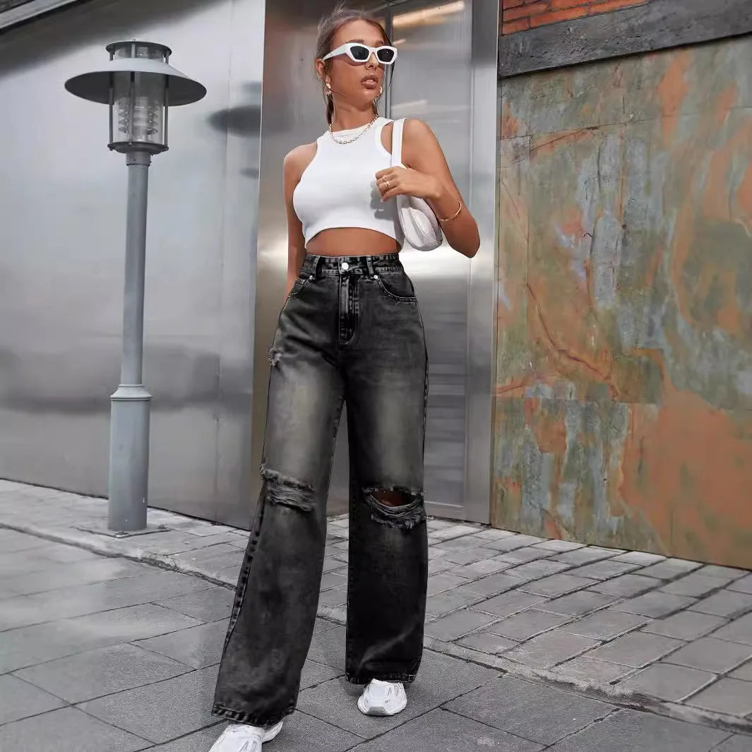 Women's Fashion Ripped High Waist Wide Leg Casual  Boyfriend