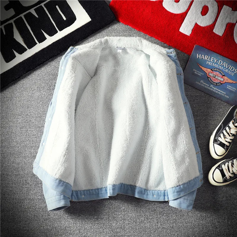 Men's Vintage Fleece Lined Denim Jacket Long Sleeve