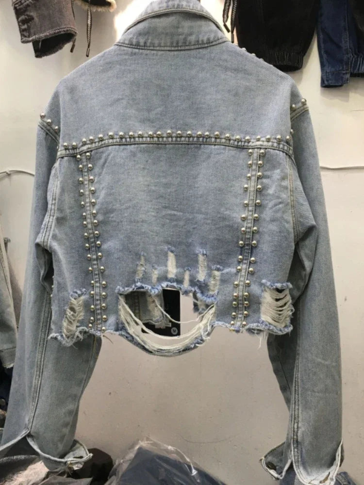 Womens Denim Jacket   Rivet Studded Jean Jacket Women