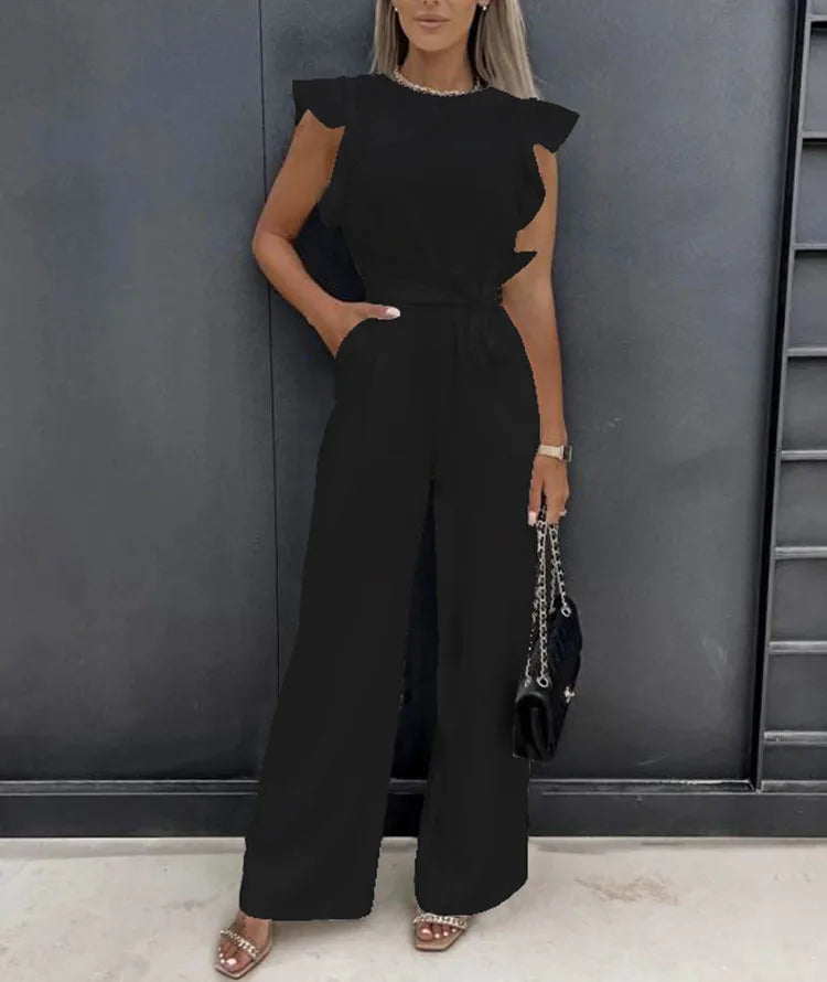 Jumpsuit with lace up high waist  ruffle edge sleeves dating jumpsuit