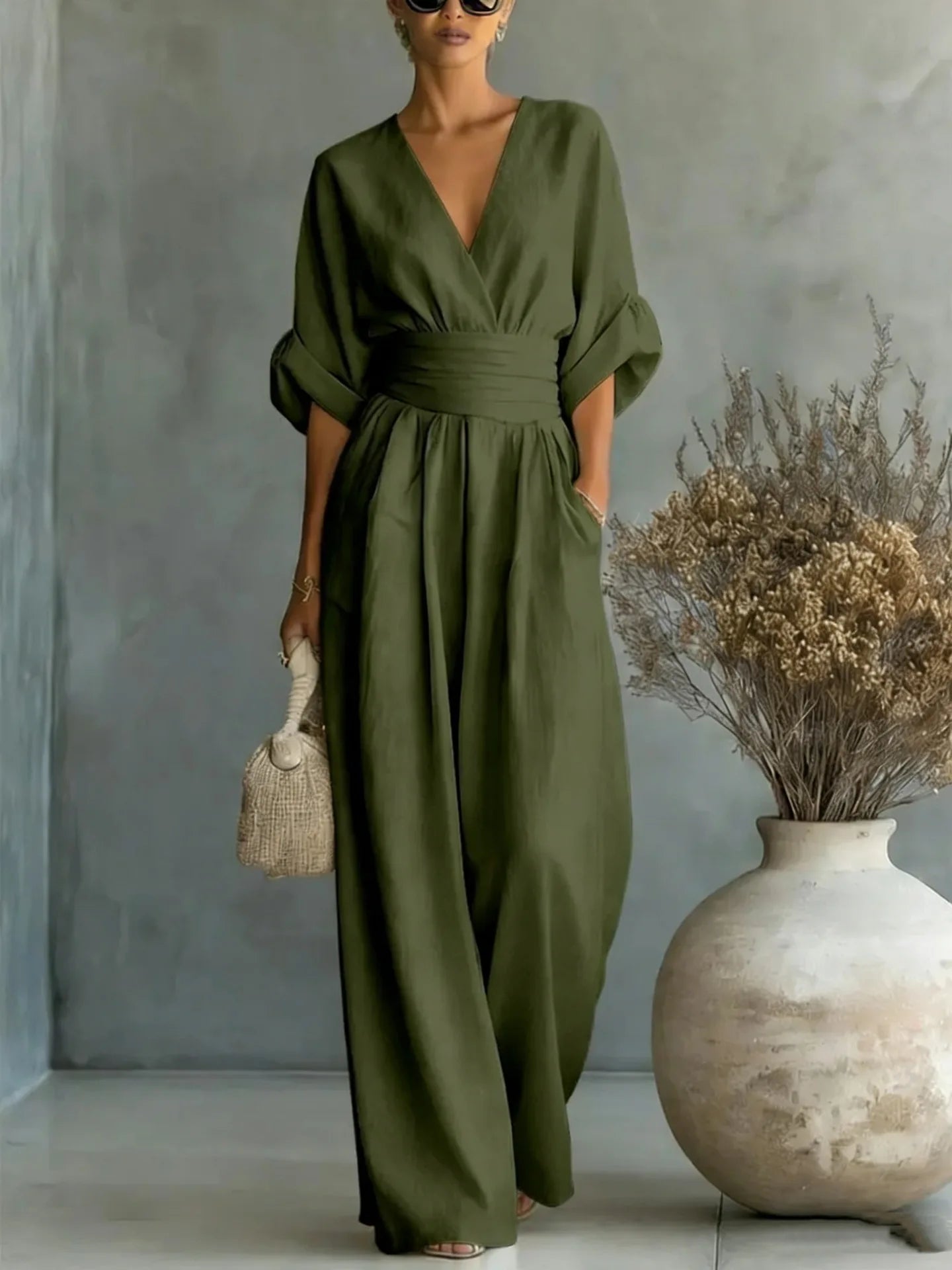 Women's Jumpsuit Fashion High Waist V-neck wide Leg Trousers