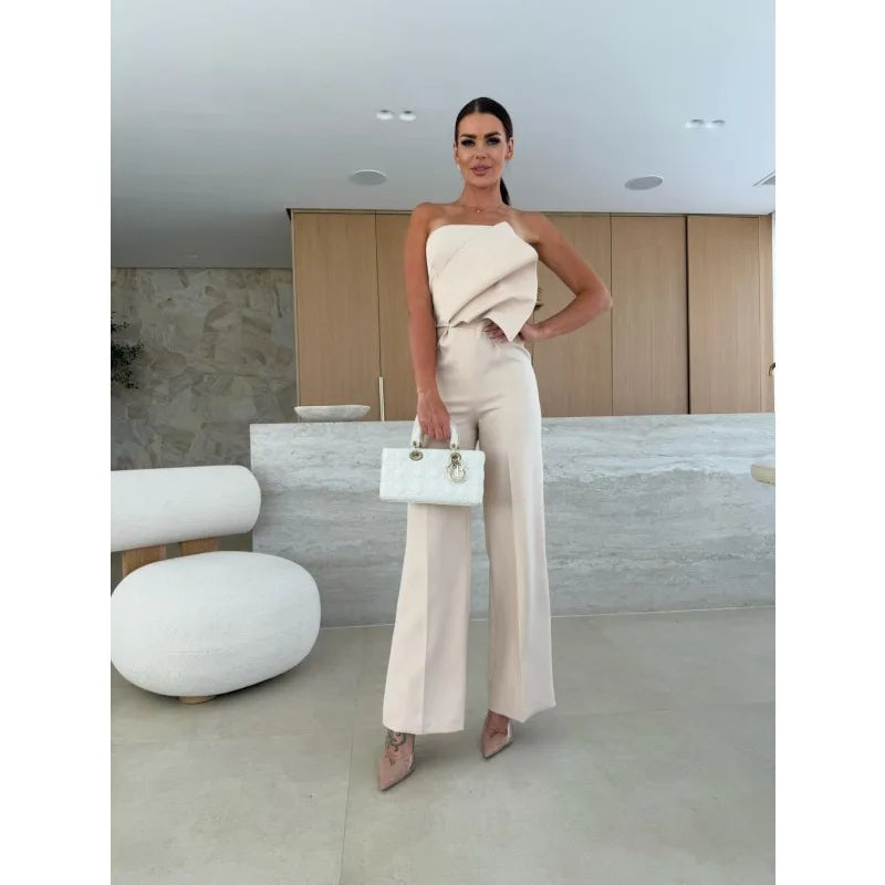 Corset Jumpsuit for Women Chic Off Shoulder Folds Wide Leg Pants