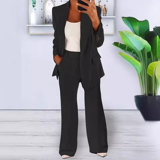 Women's Sets Two 2 Pieces Casual Pocket Single Button Blazer Jackets& High Elastic Waist Workwear Wide Leg Pant Suits