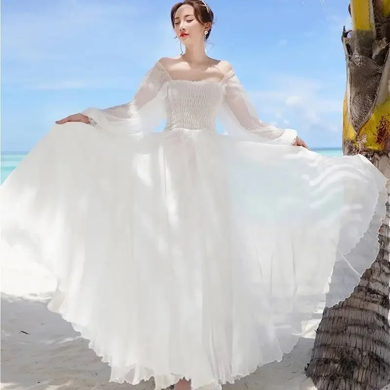 New Chiffon off-Shoulder Dress White Dress