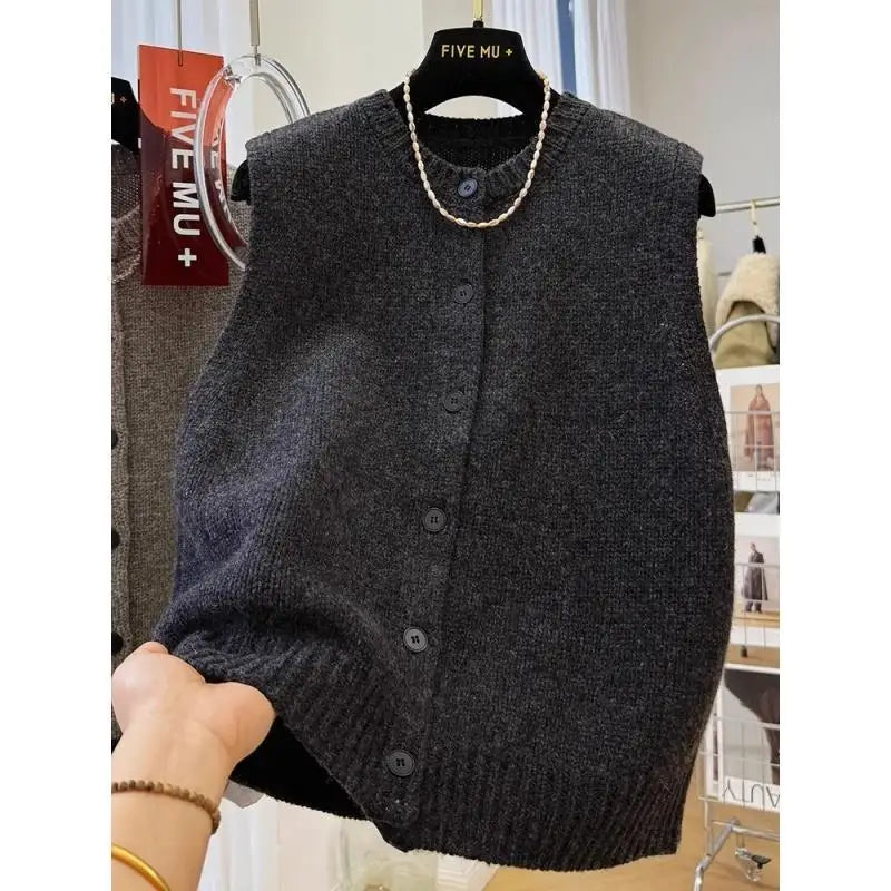 Women Sweater Vests Casual Loose Basics Solid Buttons Knitwear Sleeveless