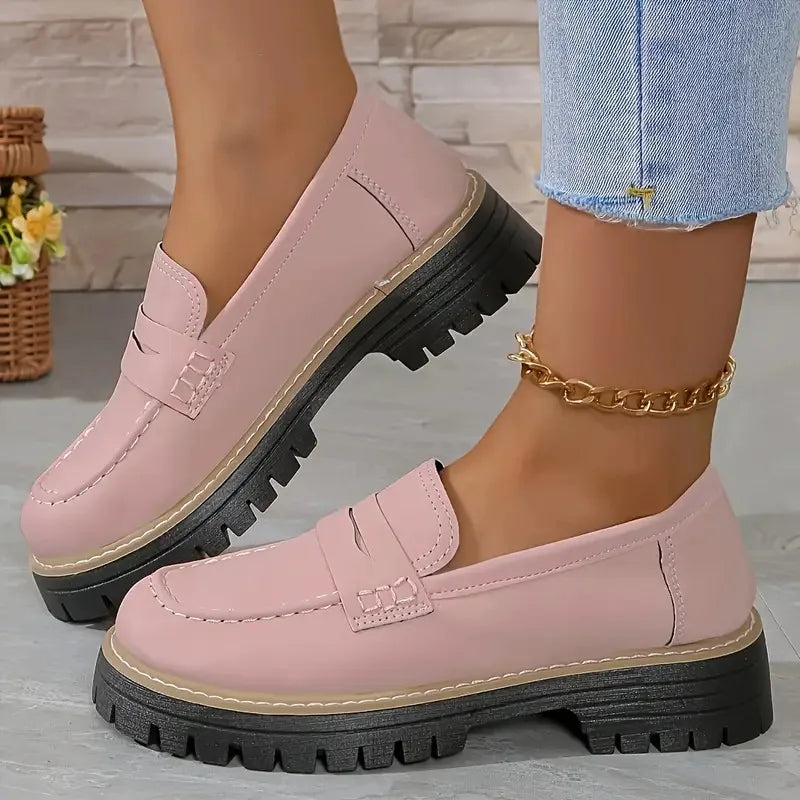 Woman Loafers Ladies Large Size Frosted British Thick Heel Round Toe Rubber Outsole Korean Style Casual Shoes