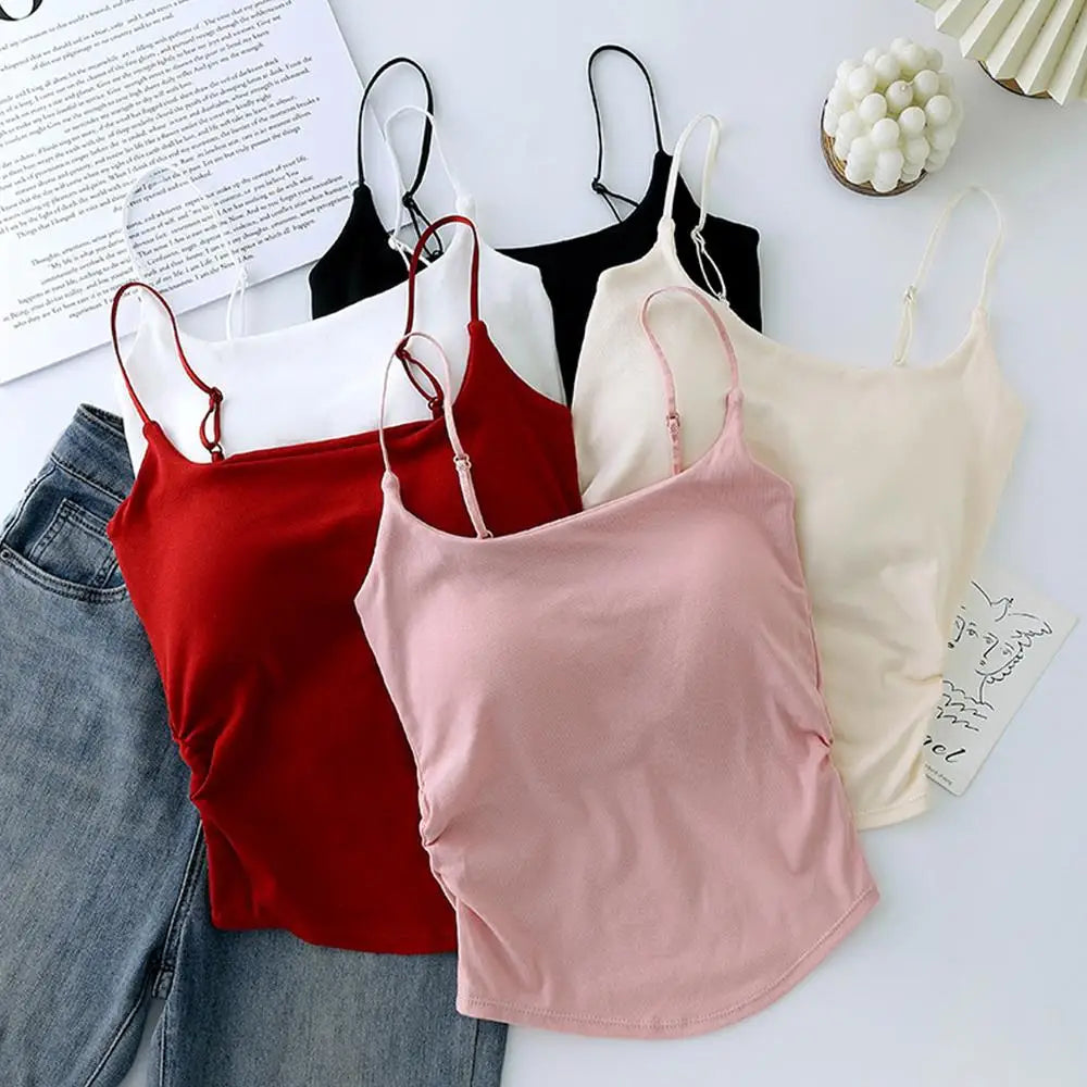 New Women Tank Tops Summer Solid Color Built-In Bra Camisole