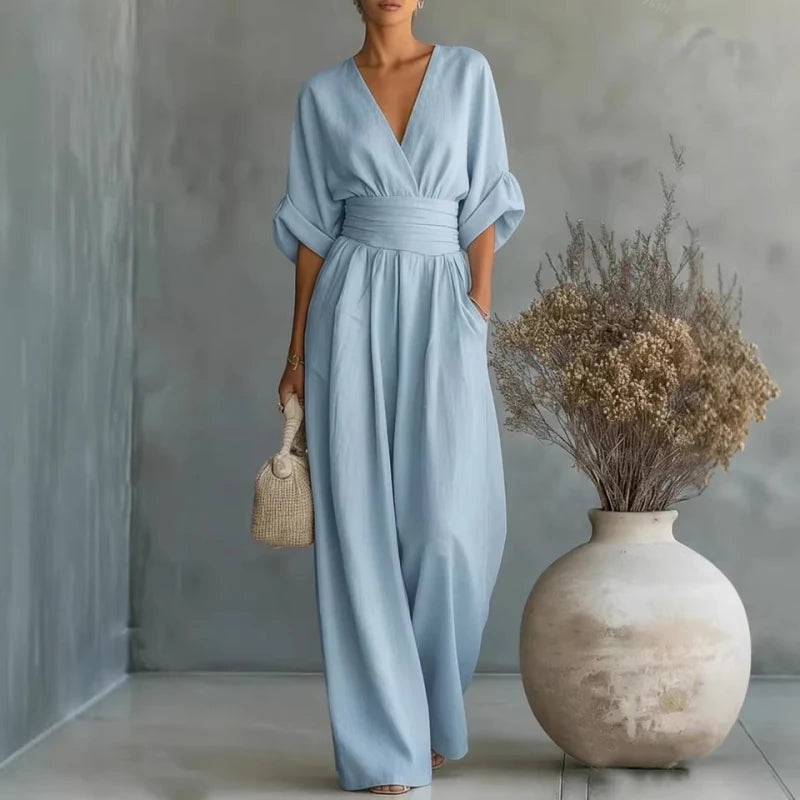 Casual Women Jumpsuit  V Neck Slim Waist Wide Leg Pant Jumpsuit