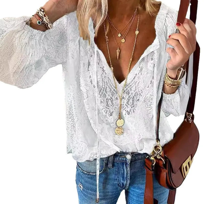 Women's Blouses Boho Lace Hollow Out Deep V Neck Pullover Shirt