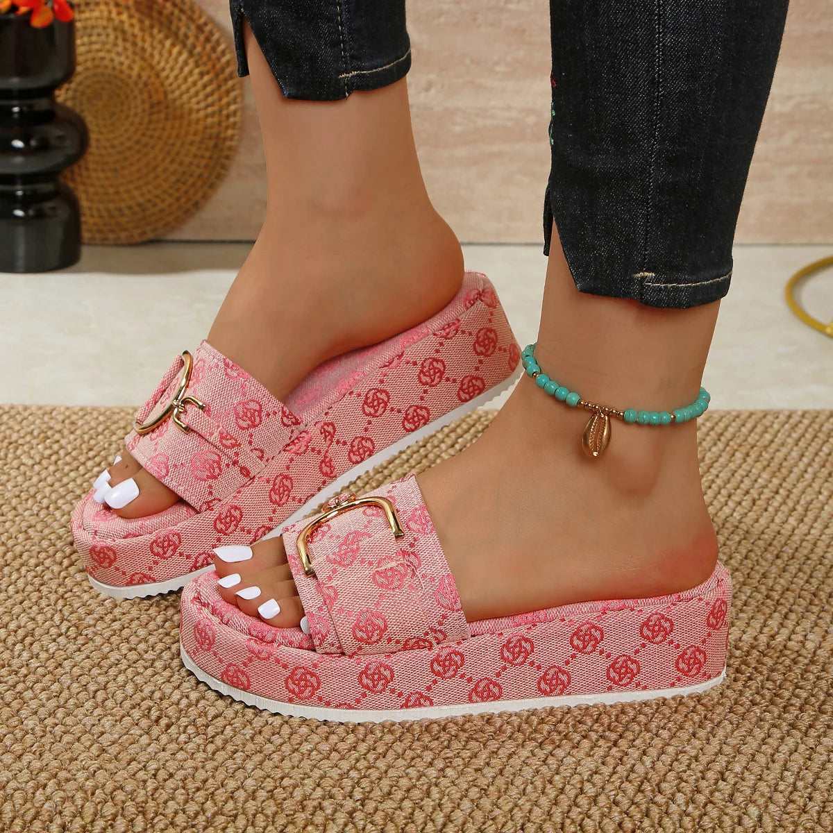 Women Platform Slippers Flat Sandals Outdoor Floral Shoes
