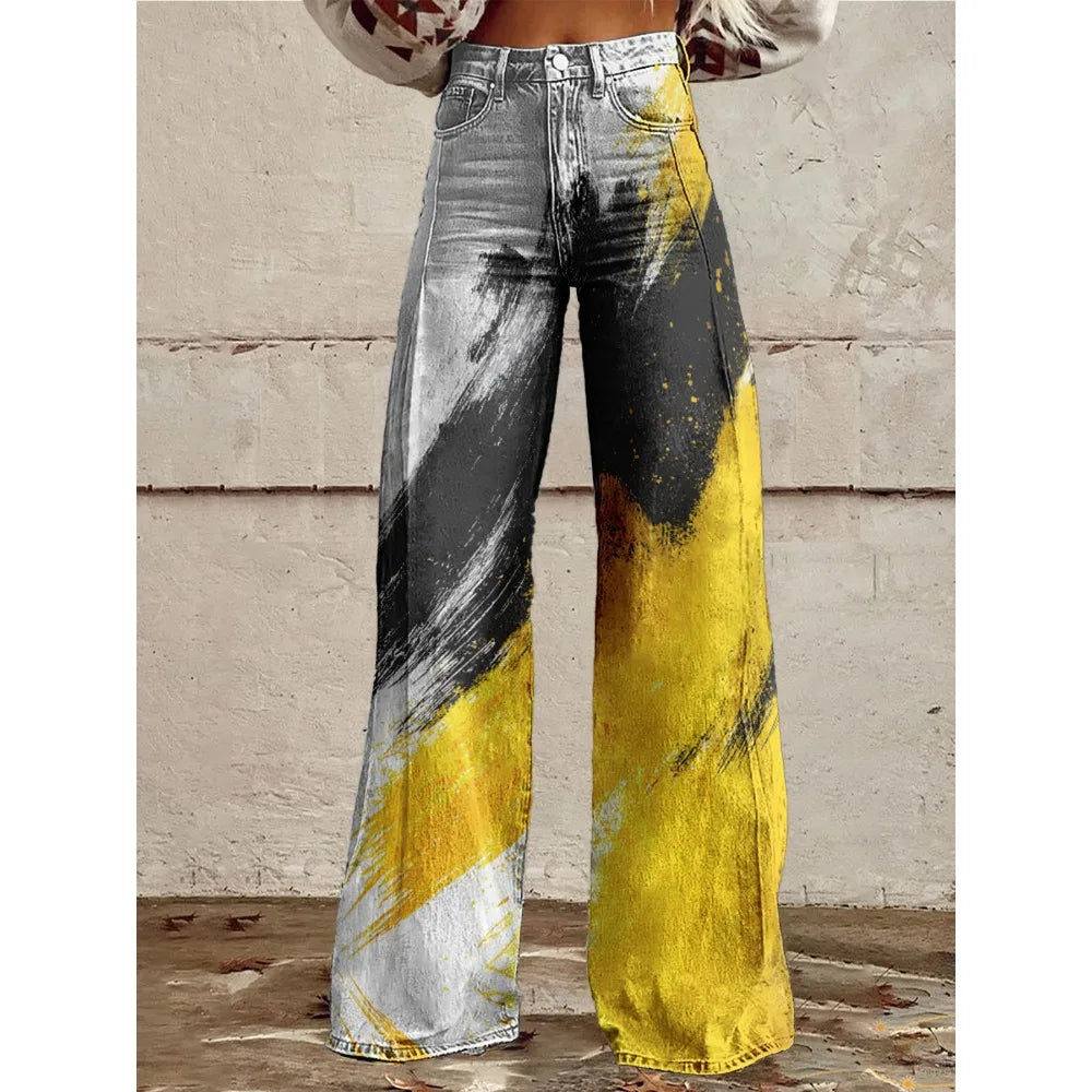 High Waisted Wide Leg Pants Artistic Ink Wash