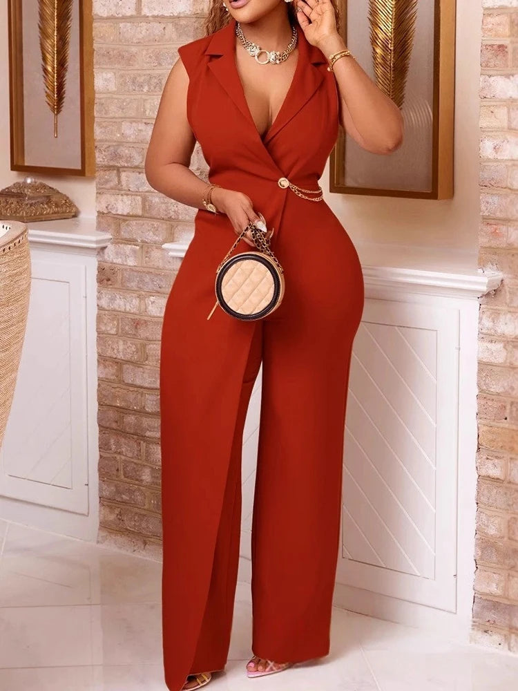 Women's Jumpsuit with Chain V Neck Blazer Collar