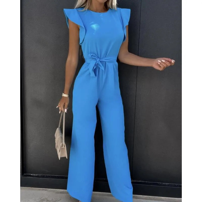 Jumpsuit with lace up high waist  ruffle edge sleeves dating jumpsuit