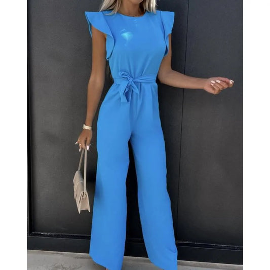 Jumpsuit with lace up high waist  ruffle edge sleeves dating jumpsuit