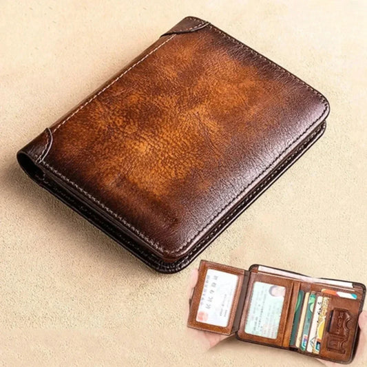 Genuine Leather Trifold Business Short Purse Wallet