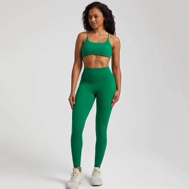 Gym Set Women Sports Outfit 2 Pieces Cross Back Bra Fitness Suit