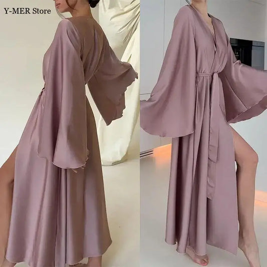 Satin Loose Robe Sexy High Waisted Split Party Dresses