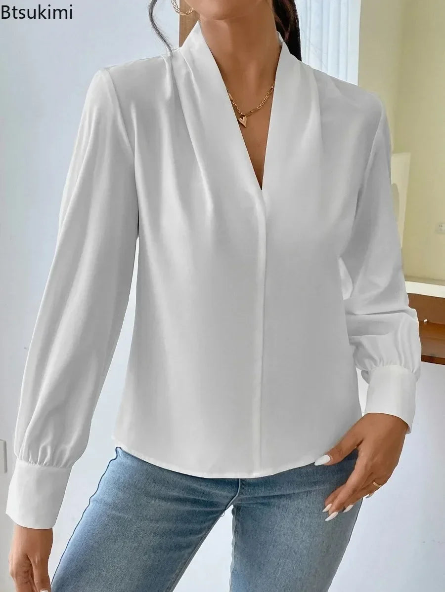 Women's Elegant Blouses Solid Color Long Sleeve V Neck Shirts