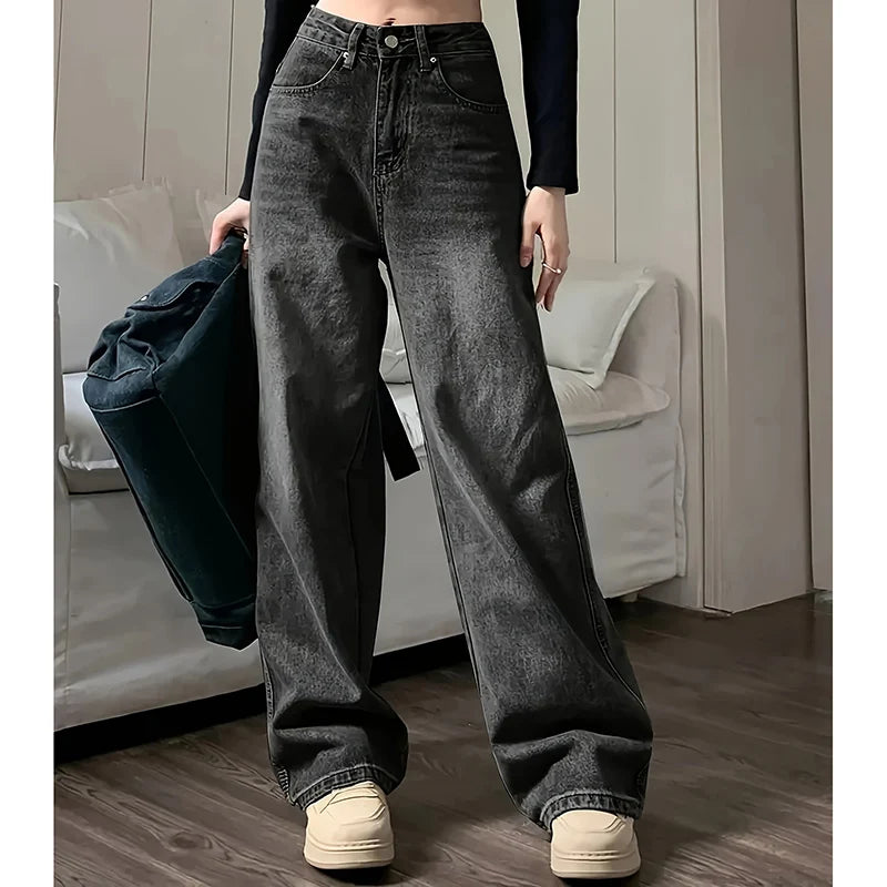 Female High Waist Streetwear Designer Wide Leg  Classic Gray Goth Straight Leg Pants