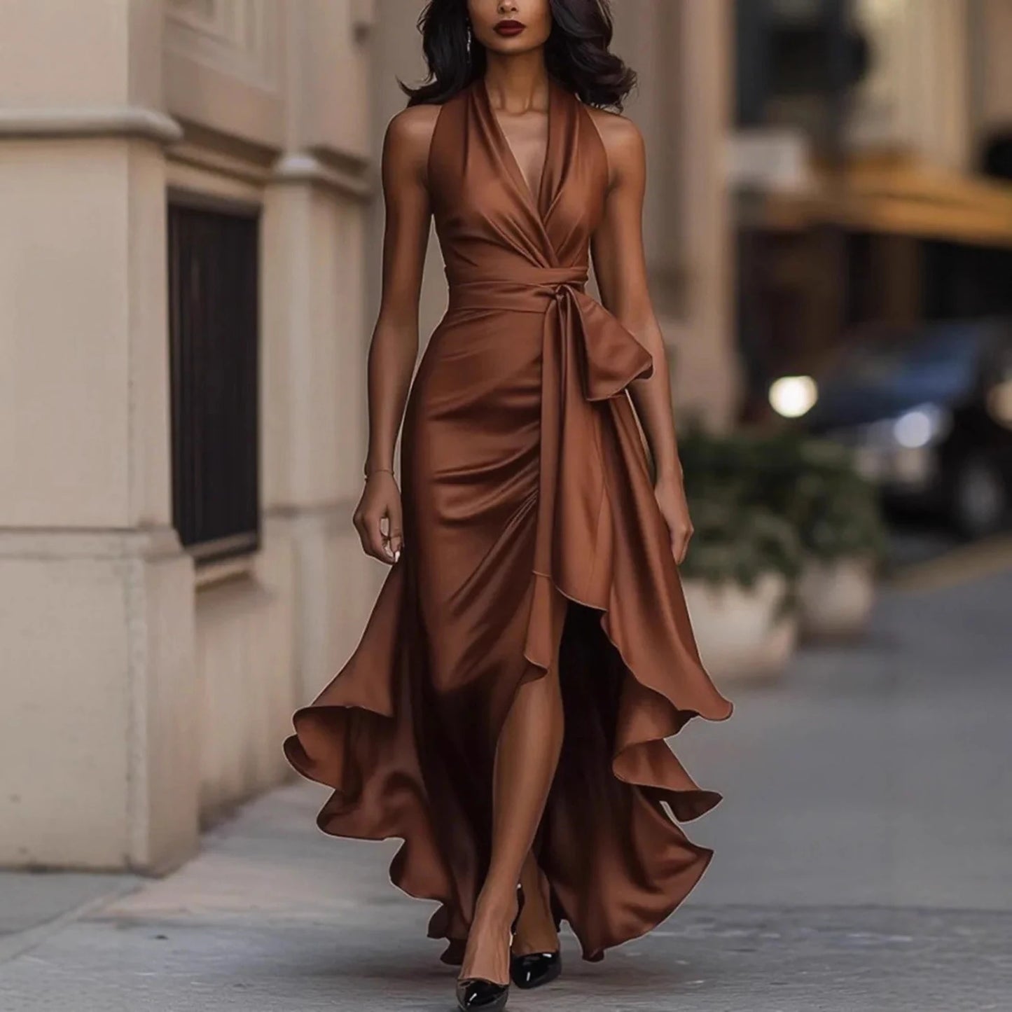 Women's Deep V-Neck Ruffled Evening Gowns