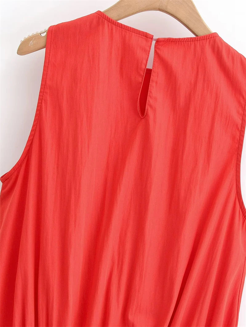 Red Round-neck Sleeveless Dress for Women