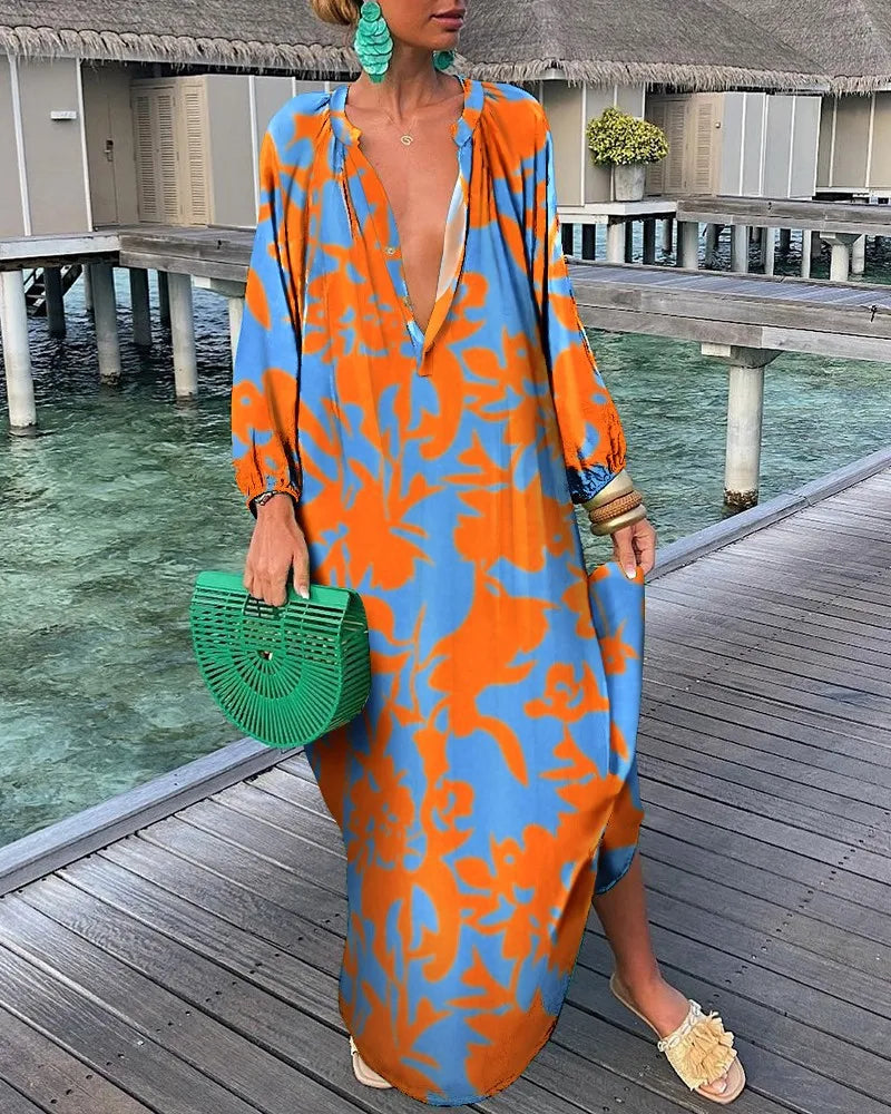 Casual Fashion Print V-Neck Loose Retro Comfortable Maxi Dress