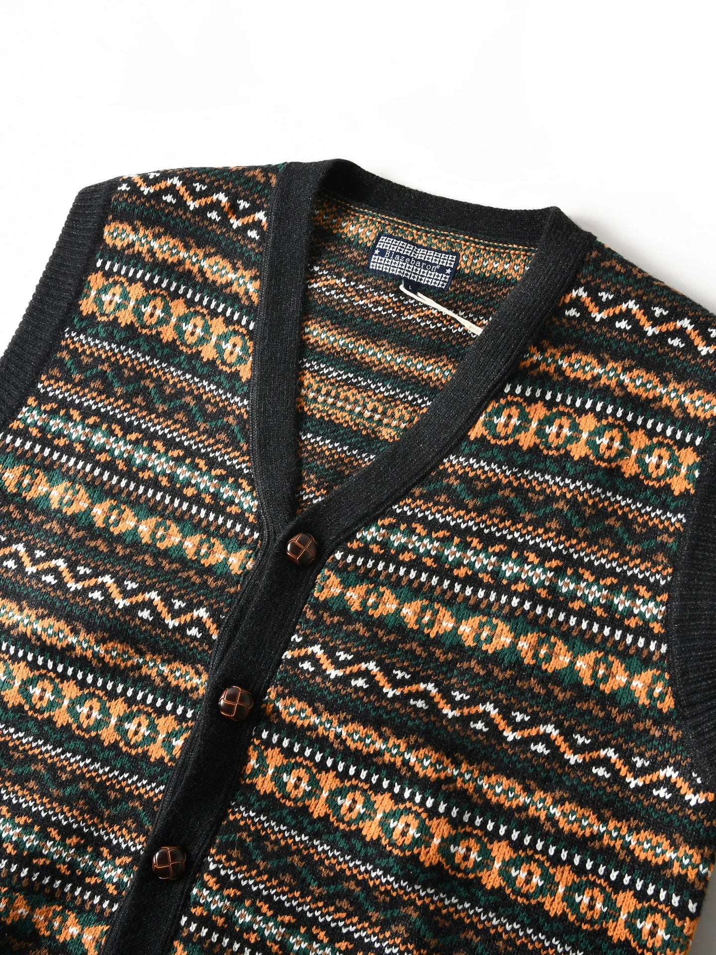 Retro Style Lambswool Blend Jacquard Knit V-Neck Cardigan