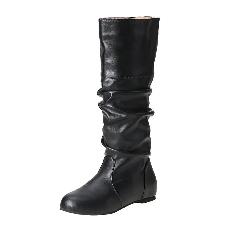Women Leather Boots Fashion Pleated Wedge Long Boots Round Toe