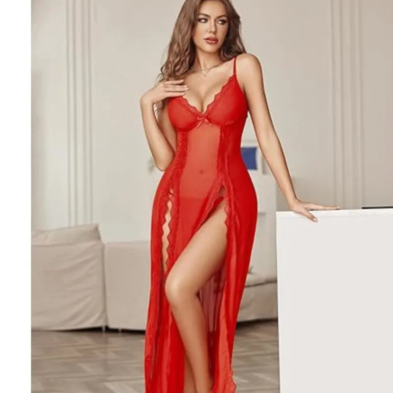 Sexy Lingerie Deep V  High Slit See Through Night Dress Women Pajamas Dress